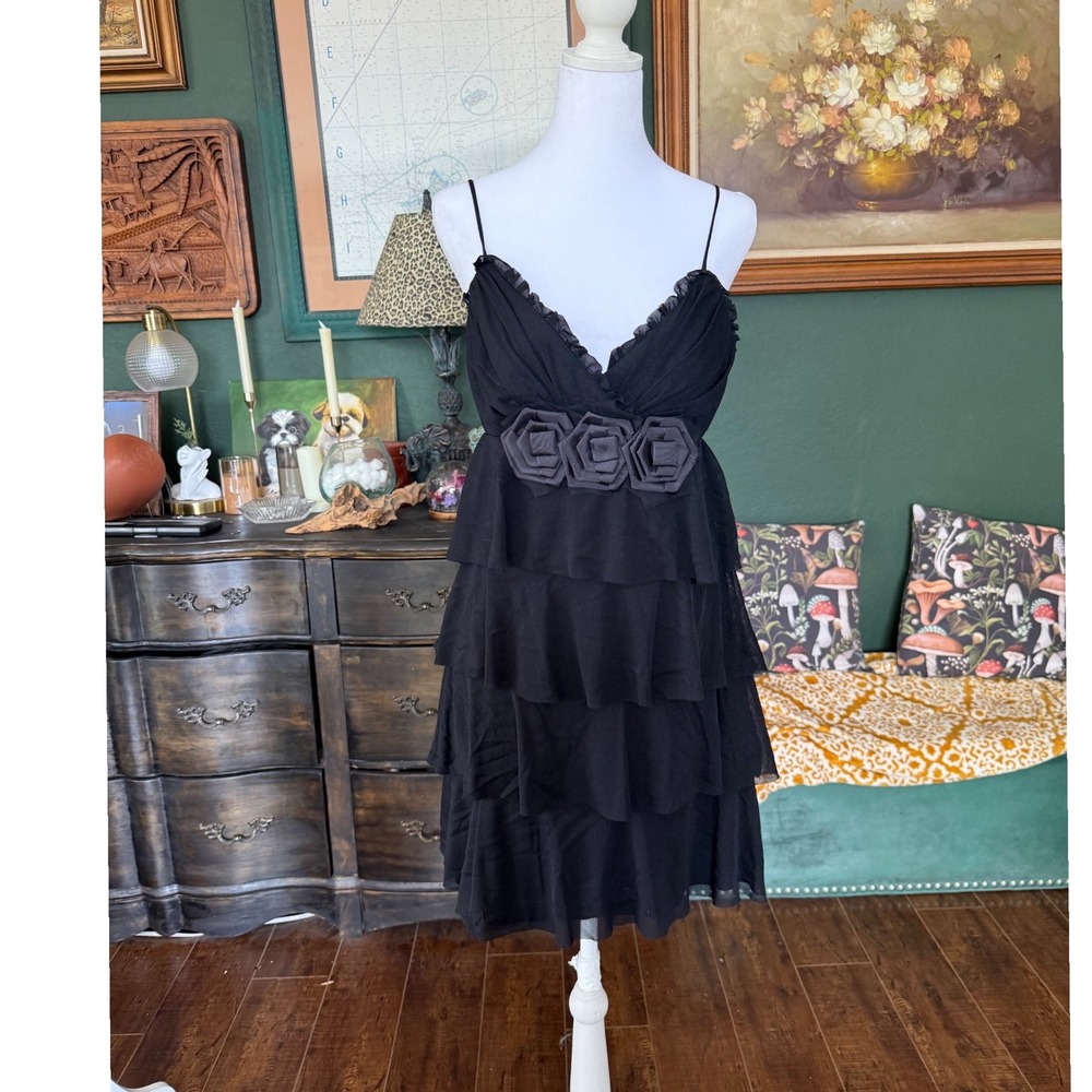 XOXO Black Tiered Rosette Accent Cocktail Dress Womens Medium Y2K Party Mini